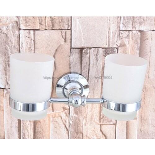 Wall Mounted Polished Chrome Double Cup Holder Toothbrush Holder with Two Glass Cups Rack Tumbler Holder Nba797