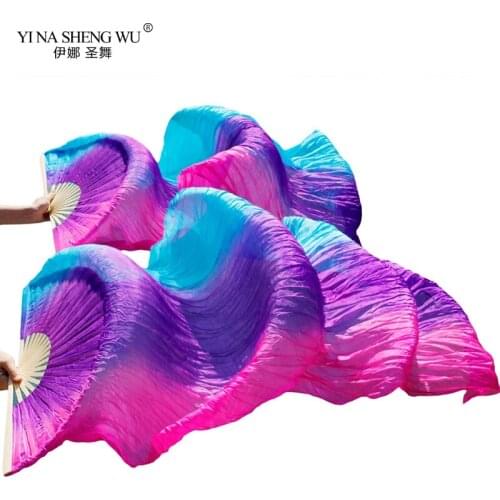 New Real/Imtation Natural Silk Dance Fans 1Pair Handmade Dyed Silk Belly Dance Long Fans Vertical Stripes Performance Long Fan
