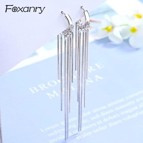 Foxanry New Arrival Long Tassel Earrings for Women Couples 925 Sterling Silver Terndy Charms Earring Wedding Jewelry Gifts