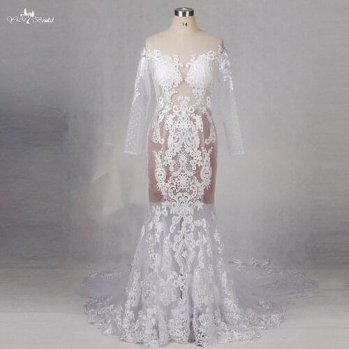 RSW1192 Vintage Lace Long Sleeve Illusion See Through Sexy Backless Mermaid Wedding Dress Custom Made