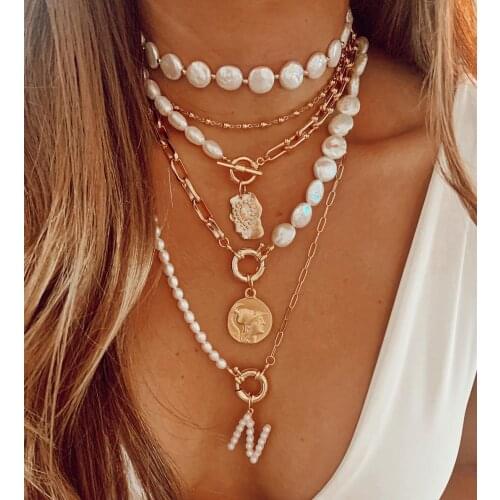 Vedawas INS Vintage Pearls Letter Link Chain Necklaces for Women Bohemian Metal Maxi Gold Color Layer Collar Choker Necklace Hot