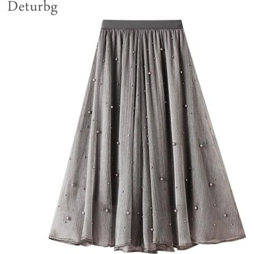 Womens Elegant Solid Color Beading Skirt Korean Female High Waist Pleated A-Line Skirts Mujer Faldas 2021 Spring Summer Sk720