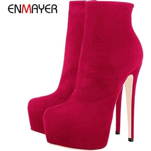 ENMAYER Fashion Autumn Winter Boots Women Round Toe Zip Flock Super High Heels Shoes Platform Elegant Prom Big Size Ankle Boots