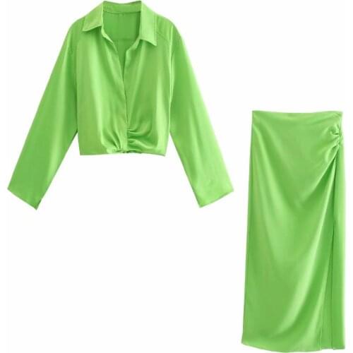 Women Suit with Skirt Chiffon Linen Blend Cropped Shirt & Draped Skirt Spring Summer Fashion Casual Cozy Woman 2 Piece Set