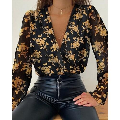 Women Deep V Neck Top White Jacquard Fashion Shirt Female Long Sleeve Chic Shirt Sexy Polka Dot Solid Color Mesh Blouses