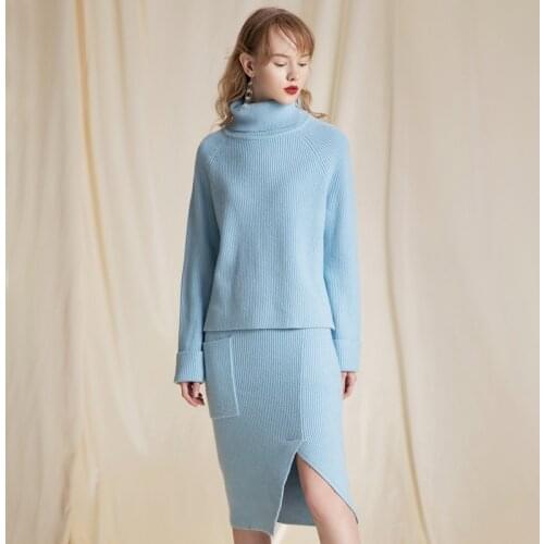 Sweater And Skirt Knitted Suit Womens Two Piece Sets 2019 Skirt Set Winter Turtleneck Warm Knit Skirt Pullover Set AA5114