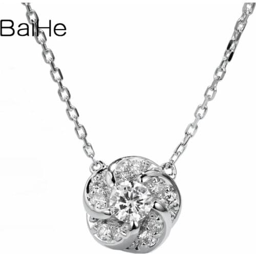 BAIHE Solid 18K White Gold 0.11ct Natural Diamond Wedding Trendy Fine Jewelry Beautiful flower Pendant diamond Necklace Women