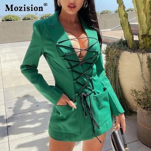 Mozision Notched Collar Bandage Long Jacket Women Green Autumn Slim Full Sleeve Coat Ladies Fashion Elegant Coats Streetwear