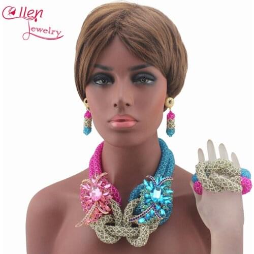 2019 Luxury Big Flowers Hot Pink/Sky Blue Crystal Necklaces Nigerian wedding bridal beads African Beads Jewelry Set E1110