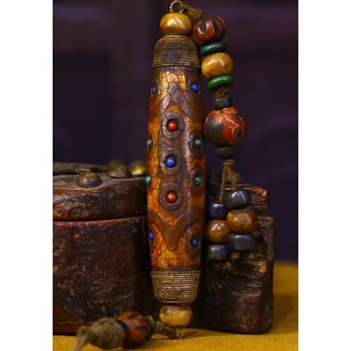 5" Tibet Buddhism Old Natural agate mosaic Gem manual Filigree Multi-eyed Dzi Bead Pendant Exorcism Ward off evil spirits