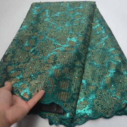 5yards/pc) high grade green African French lace fabric fashion embroidered sequins net lace fabric with beads for party FLP171