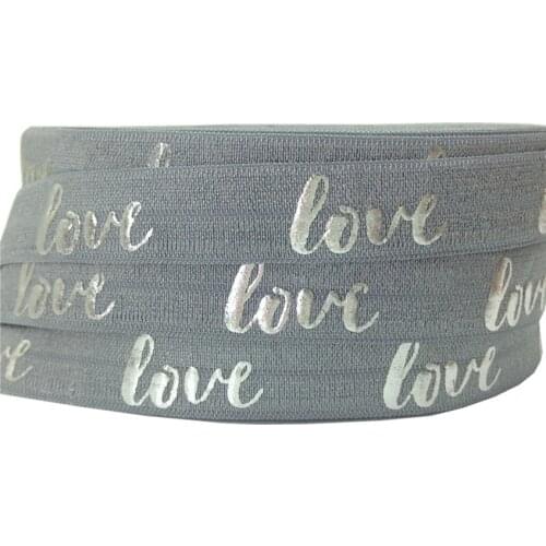 5Y 16mm Grey Love Silver Foil Fold Over Elastic Ribbon for sewing accessories DIY Hair Ties Hair Accessories