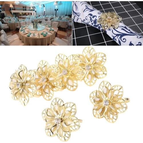 6Pcs Gold Flower Hollow Out Napkin Rings Hotel Party Table Dinner Serviette Buckle Holder Wedding Banquet Decoration