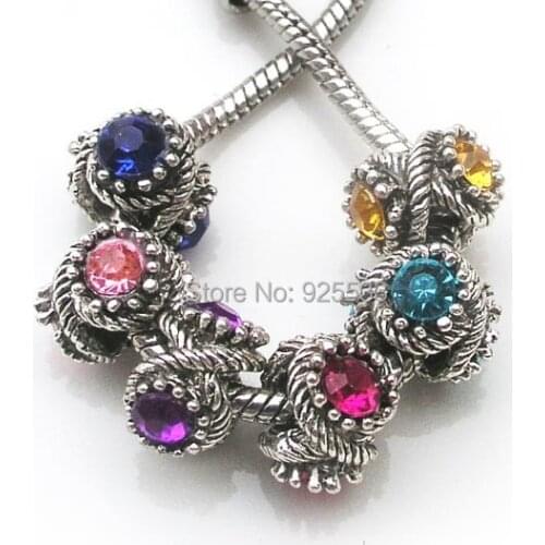 Free shipping 50pcs/lot 14mm antique silver plated alloy acrylic rhinestone big hole beads fit European bracelet Jewelry DIY