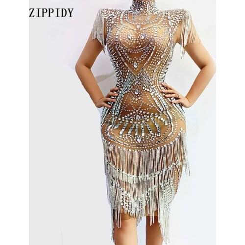 Shining Silver Crystals Fringes Transparent Dress Birthday See Through Sexy Rhinestones Chain Outfit Women Singer Evening Dress