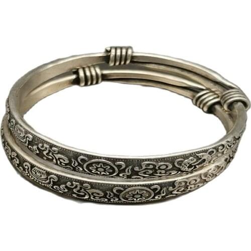 Chinas Old Tibet Silver Engraving Pattern Bracelet A Pair