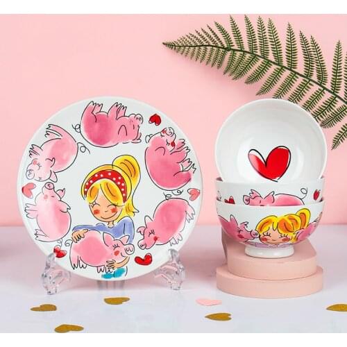 Handmade and Hand-Painted Pig Children Baby Cute Bowl Girl Powder Individual Porcelain Instant Noodles Bowl Set for Home Use