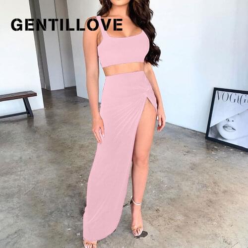 Gentillove 2021 Women Summer High Waist Split Sexy Solid Vest Top And Long Skirt Two Piece Set Irregular Pleated Party Club Suit