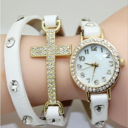 Gnova Platinum Large Bracelet Women Watch Vintage Golden Crystal Christian Cross Charm PU Leather Rhinestone Strap Wristwatch