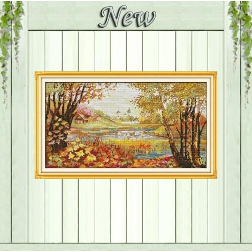 Beautiful view of lake,autumn forest Scenery,Counted Printed on canvas DMC 11CT 14CT Cross Stitch kits,needlework Set embroidery