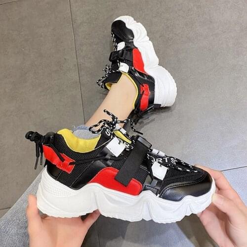 Spring Korean Buckle Platform Sneakers Women Shoes Thick Bottom White Chunky Sneakers Leather Slip On Orange Casual Shoes Woman