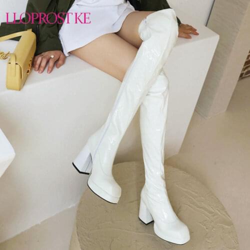 Lloprost ke Patent Leather Over the Knee Boots Platform Thick High Heel Ladies Thigh Boots Square Toe Side Zip Ladies Long Boots