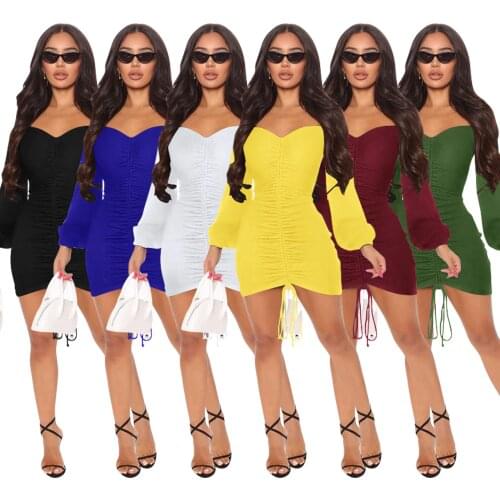 New Autumn Drawstring Ruched Mini Dress for Women Sexy Off the Shoulder Long Sleeve Bodycon Bandage Clubwear Party Dresses Robe