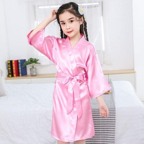 Solid Color Kids Bathrobe Girls Silk Satin Kimono Robes Kids Children Bathrobe Sleepwear Nightgown with Belt sleepwear menina
