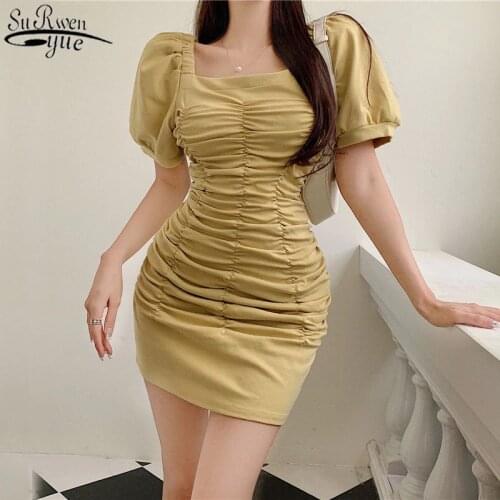 Square Collar Pleated Sexy Dresses Summer 2021 Short Sleeve Mini Dress Yellow Black Party Dress Elastic Clothing Sukienki 14573