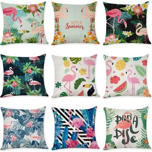 Tropical Plant Flamingo Cotton Linen Throw Pillow Case Cover New Home Office Decorative