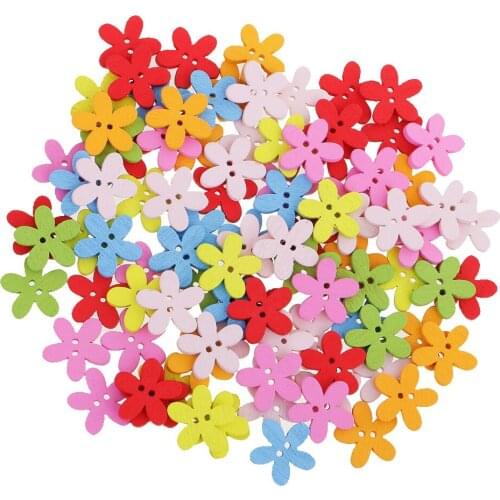 Pack of 100 Cute Multi Color Flower Buttons Mixed Wood Buttons Sewing Scrapbooking DIY Craft 2 Holes