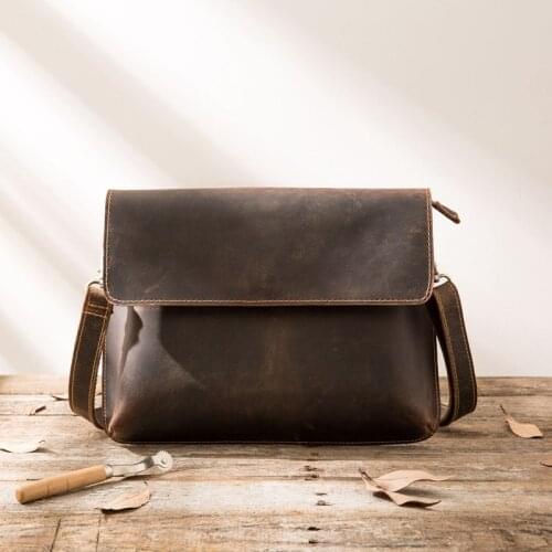 Vintage Leather Shoulder Bag Men Genuine Cowhide Crazy Horse Brown Flap Zipper Messenger Crossbody Pack Outdoor Travel Man Bags