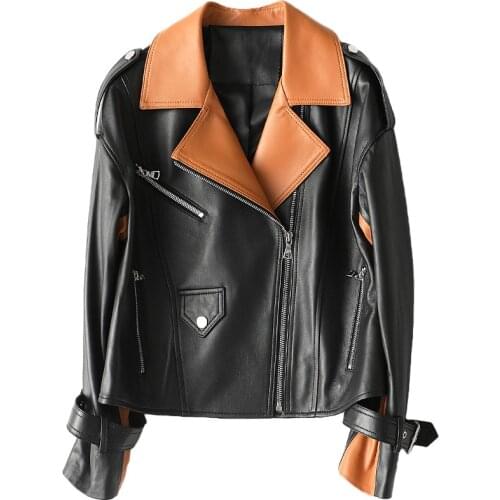 Spring 2021 New Genuine Leather Black Loose Coat Womens Sheepskin Jacket Short Motorcycle Suit Splicing Moto & Biker Wear