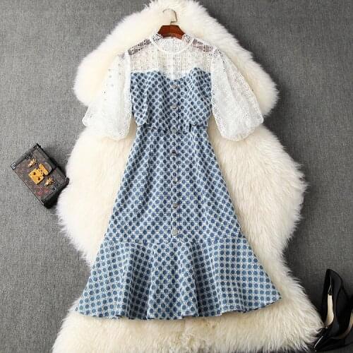 Womens American European and clothing 2021 summer new style Five-point sleeve stand collar Embroidery stitching cowboy dress