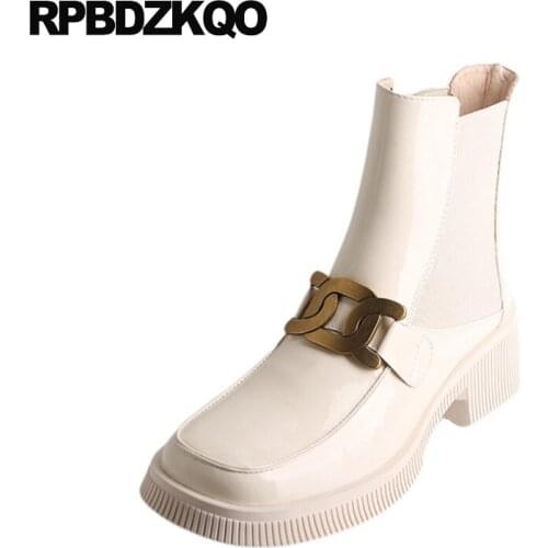 Metal Women Chunky Patent Leather Ankle Slip On Luxury Embellished Shoes White Platform Boots Beige Chelsea Square Toe Booties
