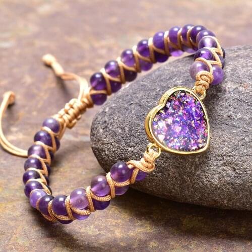 New Arrival Gorgeous Natural Stone Purple Crystal with Heart Charm Bracelet Braided Friendship Bracelet Female Boho Jewelry Gift