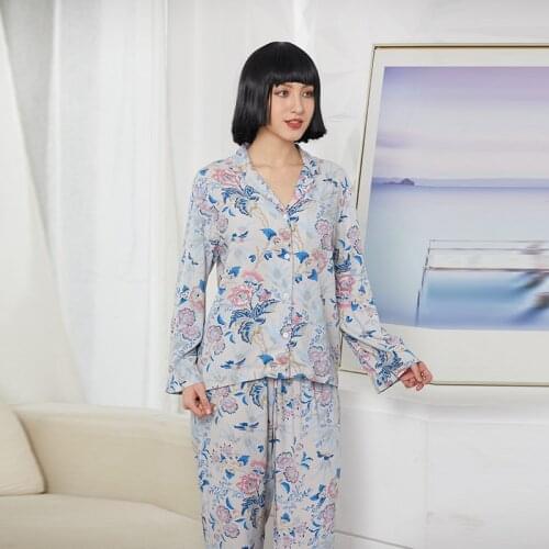 Women Spring Pajama Set Long-sleeved Trousers Pajamas Comfortable Breathable Sleepwear Viscose Print Two Piece Set Lounge wear