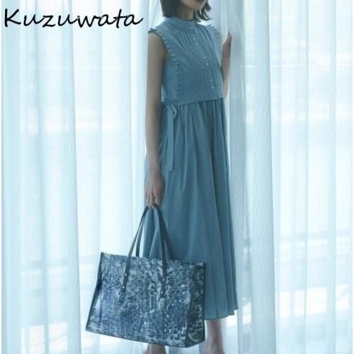 Kuzuwata Japan Style Temperament Dresses Half High Collar Sleeveless Folds High Waist Drawstring Vestidos Summer 2pcs Set Robe