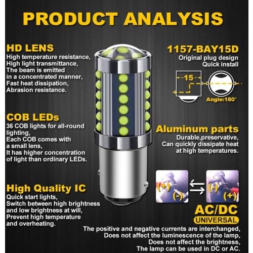 1157 BAY15D LED Bulb 2PCS 36 COBs 3W Per Aluminum DC/AC 12V-24V Tail Lamp