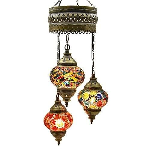 3 Globes Chandelier Lamp Ceiling Hanging Handmade Turkish Mosaic Glass Art Moroccan Lantern Light with Bulbs, 25.5 "(65 cm) Heig