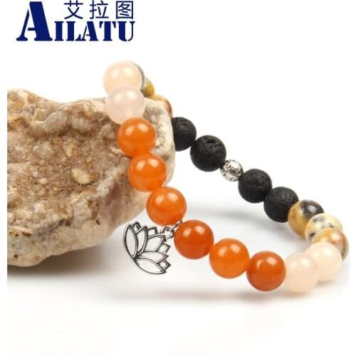 Ailatu Tibetan Lotus Buddha Bracelet with 10mm Natural Stone Religion Relief Buddhist Totem Get Peace Inner Feelings