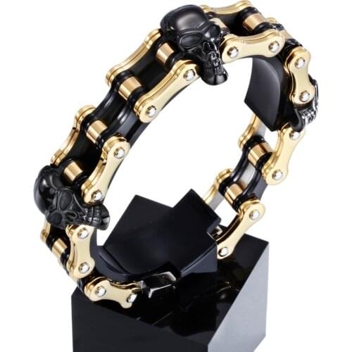 High Quality Black & Gold Skeleton Skull Motor Bike Chain Motorcycle Chain Bracelet Bangle 316L Stainless Steel Jewelry