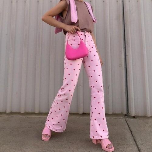 90s Heart Print Pink Pants Women Sweat Cute High Waist Long Skinny Pocket Trousers Ladies Fashion Y2K Streetwear Bottoms
