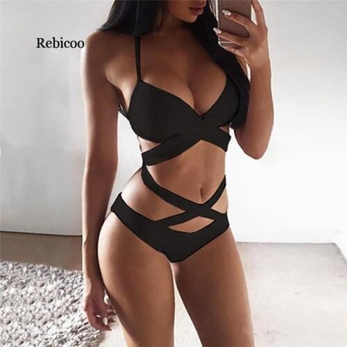 Women Solid Colour Embroide Sexy High Cut One Piece Funny Bathing Suit Monokini Bodysuit Shoulder Bandage Underwear