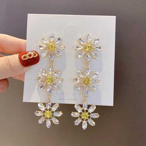 Korean Elegant Yellow Crystal Flower Petal Tassel Drop Earrings For Women Students Fashion Party Pendientes Jewelry