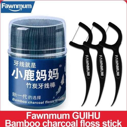 Fawnmum Dental Cleaning Bamboo Charcoal Dental Floss Picks Barreled Interdental Brush For Teeth Care Toothpicks With Thread Oral