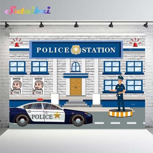 Police Theme Party Photography Backdrop White Brick Wall Police Station Birthday Party Background Cake Table Decorations Banner