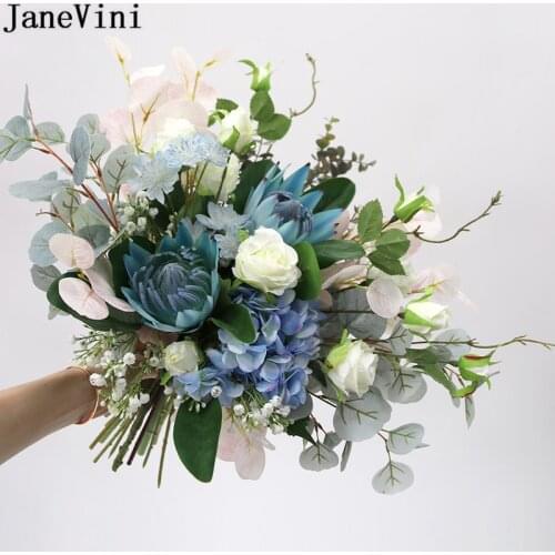 JaneVini Vintage Blue Big Wedding Bouquet Artificial Flowers Bridal Emperor Flower Hydrangea Bouquet Planta Artificial Grande