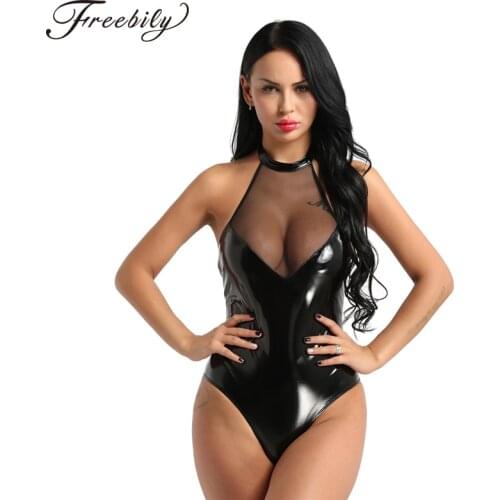 Women PU Leather Mesh Patchwork Bodysuits Wetlook One-piece Halter Backless Leotard Bodysuit Catsuit Clubwear Sexy Club Costumes