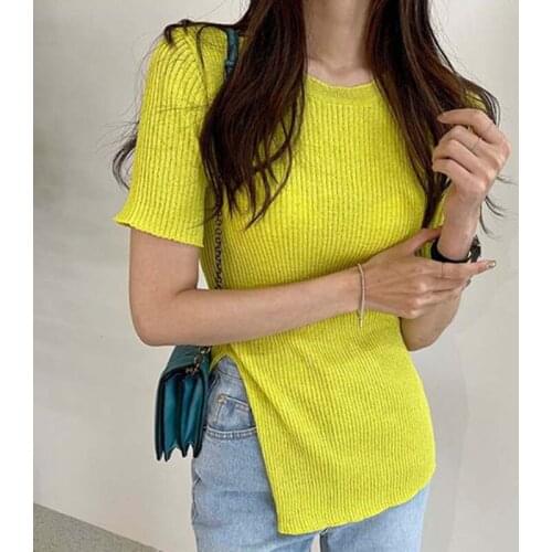 Korea Chic Gentle Lemon Yellow White Round Neck Pullover Slim Design Side Slit Short-Sleeved Sweater T-Shirt